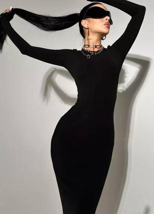 Жіноча чорна базова облягаюча стильна якісна довга сукня з віскози з довгим рукавом7 фото