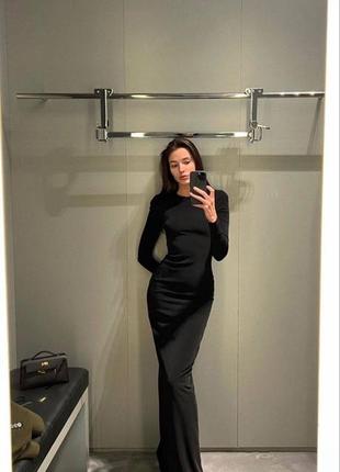 Жіноча чорна базова облягаюча стильна якісна довга сукня з віскози з довгим рукавом8 фото