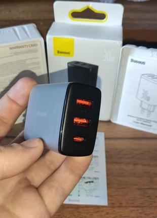 Мережевий зарядний пристрій baseus 30w 2 usb + type c, быстрая зарядка базеус 30 ватт2 фото