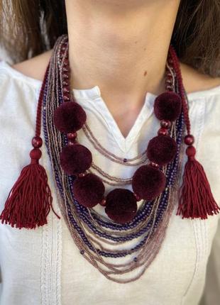 Ожерелье с кистями и бисером "бордо" дизайнерское ручной работы, handmade этнические аксессуары женские2 фото