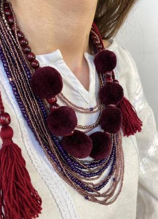 Ожерелье с кистями и бисером "бордо" дизайнерское ручной работы, handmade этнические аксессуары женские1 фото