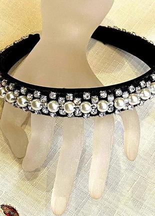 Об'ємний обруч, обідок для волосся зі стразами та перлинними намистинами / «хенд-мейд» /