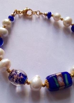 Браслет, натуральні річкові перли, скло-лемпворк