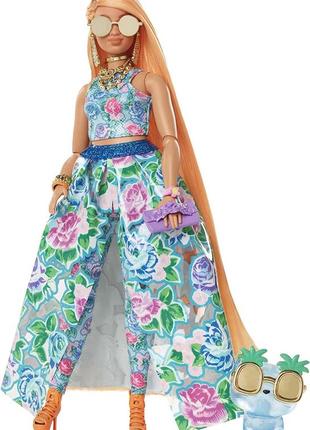 Кукла барби экстра модница в платья с цветочным принтом barbie extra fancy doll in floral 2-piece gown with pet kitten