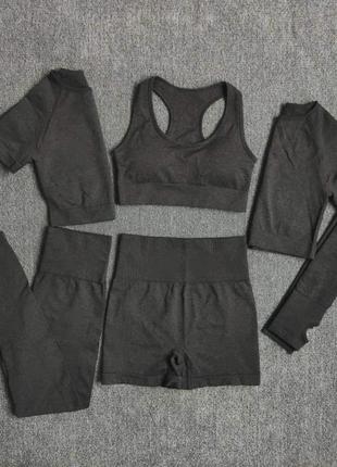Жіночий чорний спортивний костюм 5 в 1 лосіни, топ, ращгард, топ(фуболка), шорти