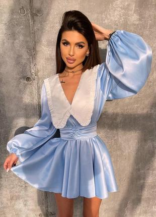 Роскошное и изысканное женское атласное платье с большим акцентным воротником