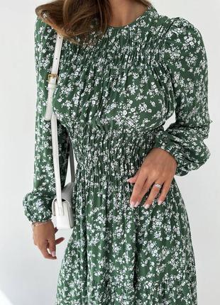 Красивое платье миди с цветочным принтом, легкое женское платье с длинным рукавом оливковое3 фото