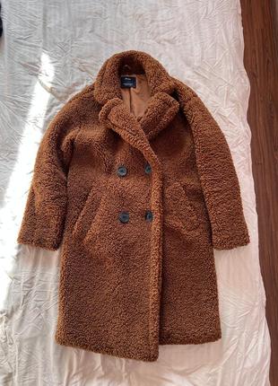 Еко шубка тедді коричнева двубортна пальто1 фото