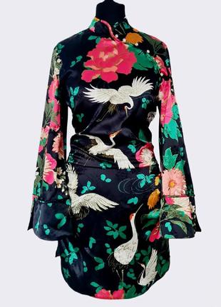 Прекрасное великолепное яркое милое стильное классное винтажное платье-мини платье ципао туника ретро винтаж цветочный принт цветы птицы