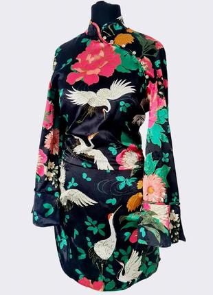 Прекрасное великолепное яркое милое стильное классное винтажное платье-мини платье ципао туника ретро винтаж цветочный принт цветы птицы2 фото