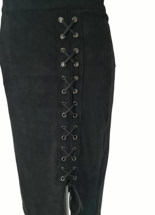 Крутая стильная классная элегантная, увлекательная винтажная эластичная юбка-карандаш ретро винтаж декор шнуровка разрез2 фото
