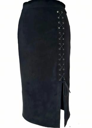 Крутая стильная классная элегантная, увлекательная винтажная эластичная юбка-карандаш ретро винтаж декор шнуровка разрез1 фото