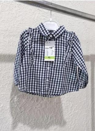Хлопковая рубашка 68 размер/мылая рубашка в клетку для девочки/синяя кофточка 68