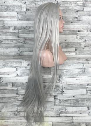 Парик серый пепельный длинный прямой без челки с пробором женский для женщин 100см из искусственных волос3 фото