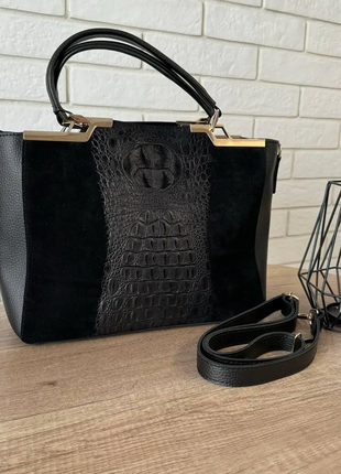 Женская стильная черная замшевая офисная через плечо сумка с длинными ручками с натурального замша р1 фото