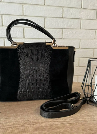 Женская стильная черная замшевая офисная через плечо сумка с длинными ручками с натурального замша р2 фото