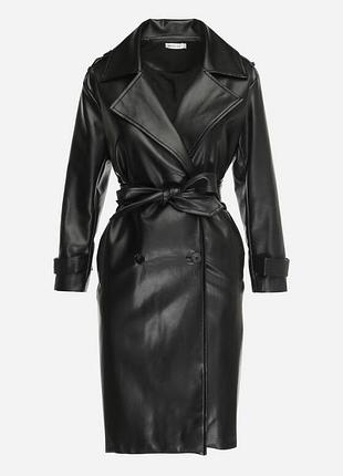 Кожаный черный тренч, пальто