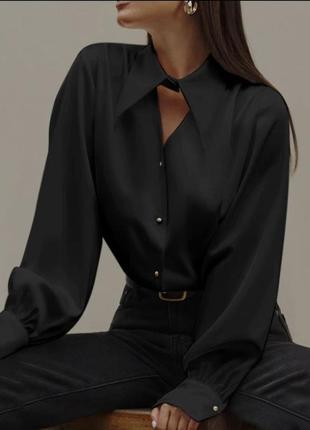 Шелковая рубашка блуза свободного кроя с длинными рукавами с вырезом в зоне декольте рубашка с фигурным воротничком стильная трендовая черная1 фото