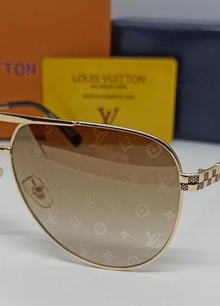 Окуляри в стилі louis vuitton унісекс сонцезахисні краплі коричневі в золотому металі з логотипом бренду на лінзах