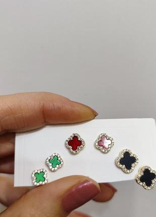 Сет набор серьги четырехлистник черные, бордовые, зеленые