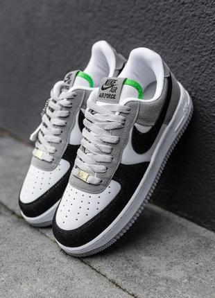 Мужские кожаные замшевые демисезонные кроссовки nike air force black white Cover черно-белые с серым найк форс кожа замша весенние 40-44