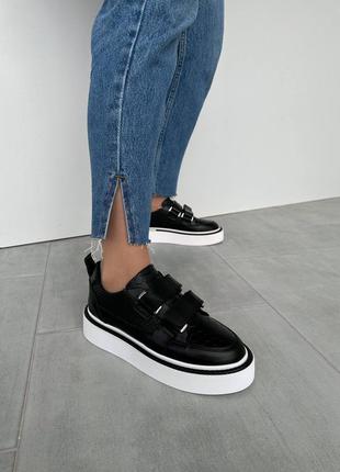 Черные женские кроссовки кеды на липучках на высокой подошве утолщенной из натуральной кожи10 фото