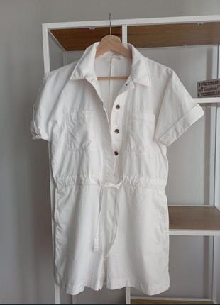 Белая рубашка комбинезон с карманами натуральный коттоновый белый на лето s m