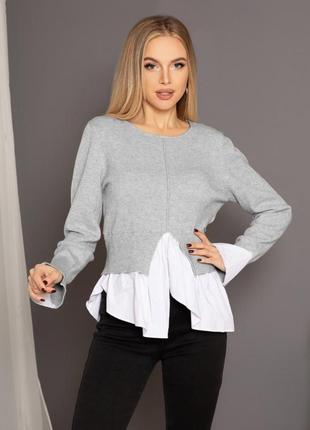 Свитер с вшитой рубашкой, стильная кофта , сірий ангоровий светр з білими бавовняними вставками