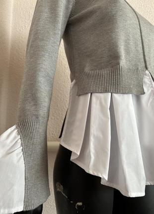 Свитер с вшитой рубашкой, стильная кофта , сірий ангоровий светр з білими бавовняними вставками3 фото