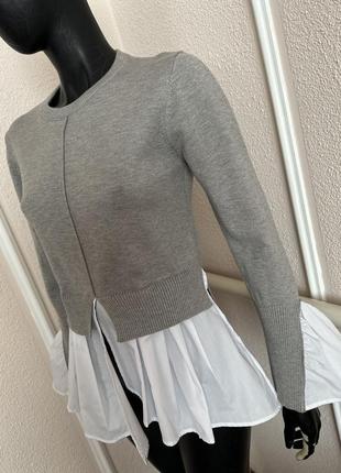 Свитер с вшитой рубашкой, стильная кофта , сірий ангоровий светр з білими бавовняними вставками8 фото