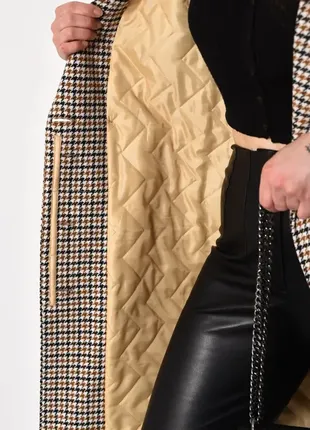 Трендовое пальто с принтом гусиная лапка / клетчатое шерстяное утепленное с поясом длинное4 фото