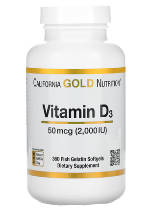 California gold nutrition, витамин d3, 50 мкг (2000 м), 360 капсул из рыбьего желатина