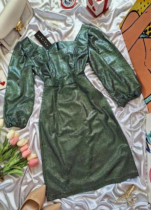 Блестящее мини платье изумрудного зеленого цвета с серебряным напылением6 фото