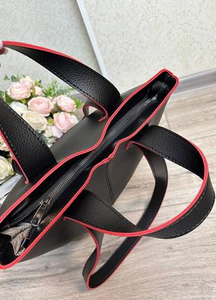 Женская стильная и качественная сумка шоппер из искусственной кожи черная с красным6 фото