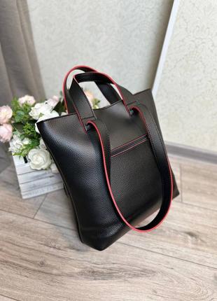 Женская стильная и качественная сумка шоппер из искусственной кожи черная с красным2 фото