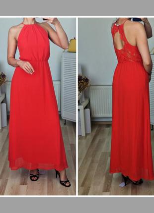 Огненно красное летнее платье в бельевом стиле,шифоновое,на бретельках с ажурной спинкой1 фото