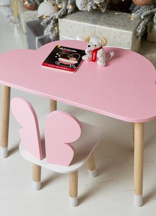 Детский столик тучка и стульчик бабочка розовая с белым сиденьем. столик для игр, уроков, еды
