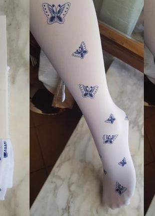 Якісні фірмові дитячі білі колготки з синіми метеликами calzedonia