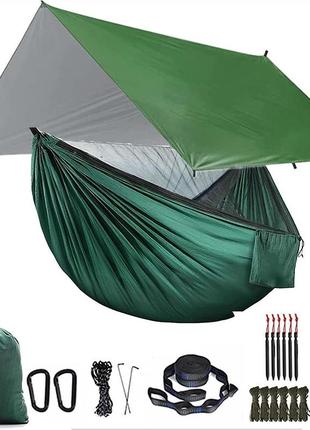 Гамак с москитной сеткой и тентом 210*230 нейлоновый v3. гамак-палатка походной. зеленый + олива1 фото