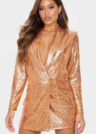 Эффектное бронзовое платье - пиджак блейзер из пайеток4 фото