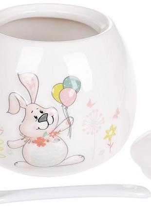 Цукорниця керамічна "веселий кролик" із кульками, з керамічною ложкою2 фото