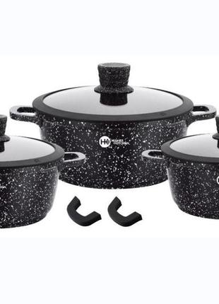 Набір посуду гранітне покриття із силіконовими кришками (8 предметів) higher kitchen нк 325 чорний 0201 топ!