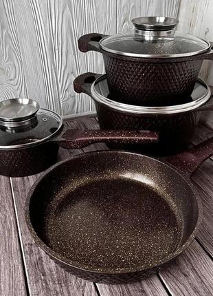 Набір каструль і сковорода hk-315 кава з гранітним антипригарним покриттям higher kitchen 7 предметів 0201 топ1 фото