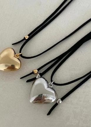 Чокер серце золотисте металеве на шнурку кольє підвіска кулон сердечко шнурок на шию чорний3 фото