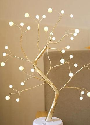 Настільне перлове дерево світлодіодний нічник бонсай 50 см 36 led батарейки + usb новорічна прикраса золото2 фото