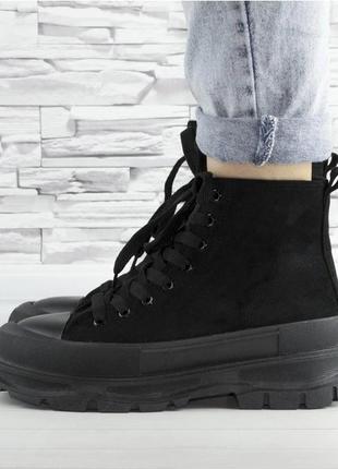 Черевики жіночі чорні демісезонні на шнурках еко замша