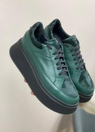 Зеленые кеды на толстой подошве натуральная кожа замш 36-41