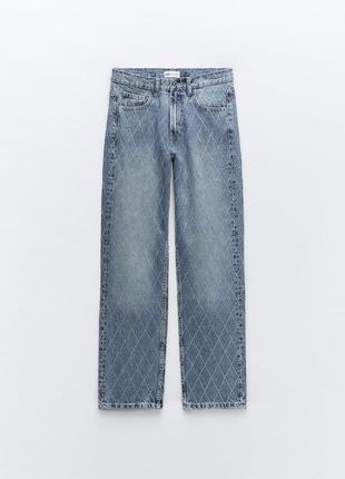 Голубые джинсы zara trf mid-rise стразы брюки камушки блестящие сияющие10 фото