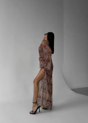Длинное леопардовое платье сетка, пляжное платье сеточка, платье сетка с разрезом