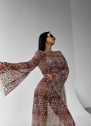 Длинное леопардовое платье сетка, пляжное платье сеточка, платье сетка с разрезом6 фото